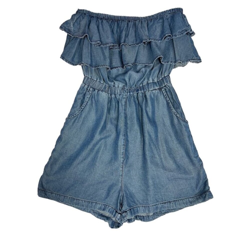 Blue Rain Chambray‎ Romper Size Small Tencel Fabric Sleeveless Ruffles